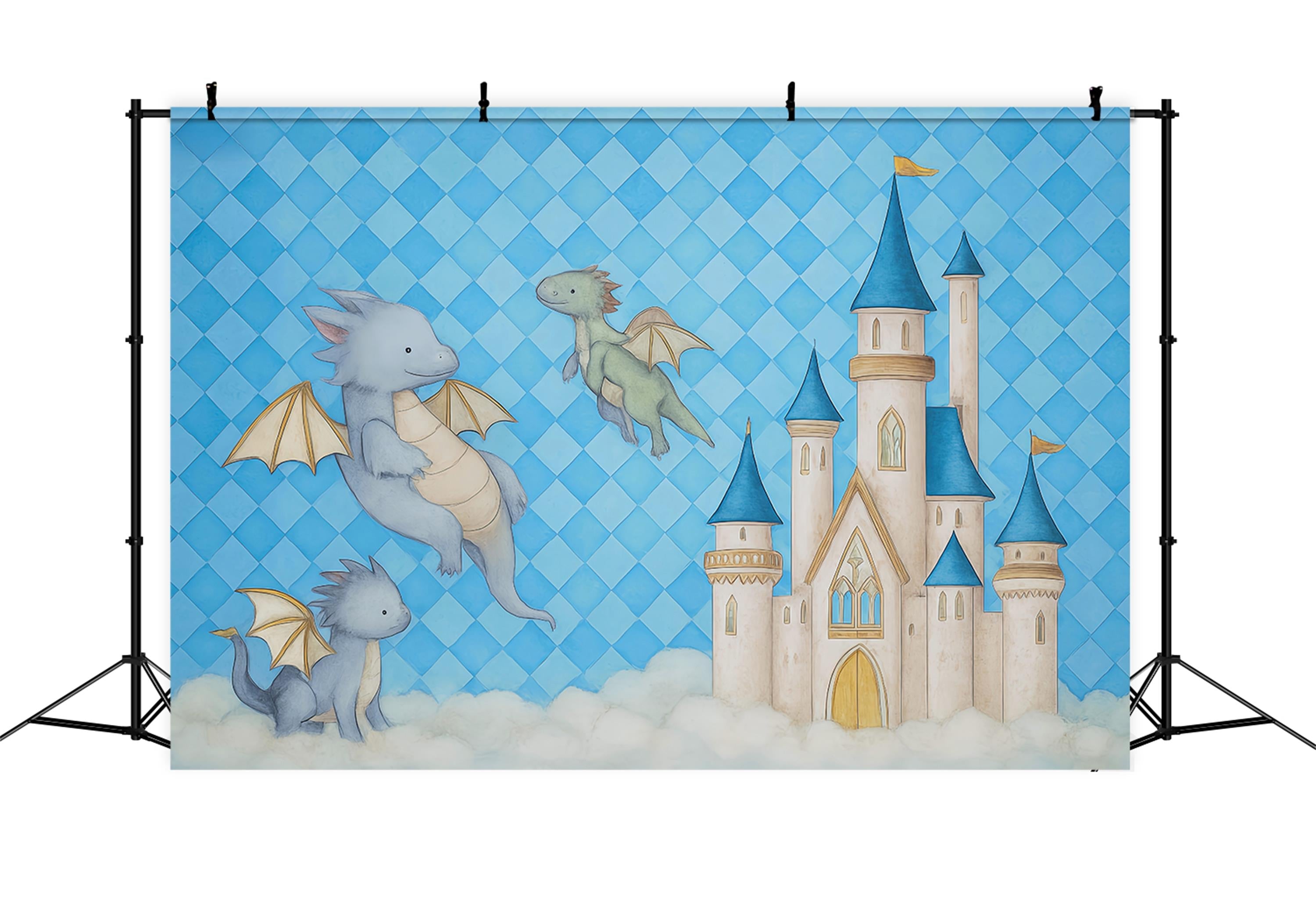 Toile de fond Château Dragons Volants Château Bleu Nuages Nouveau-Né Photographie MRR9-44