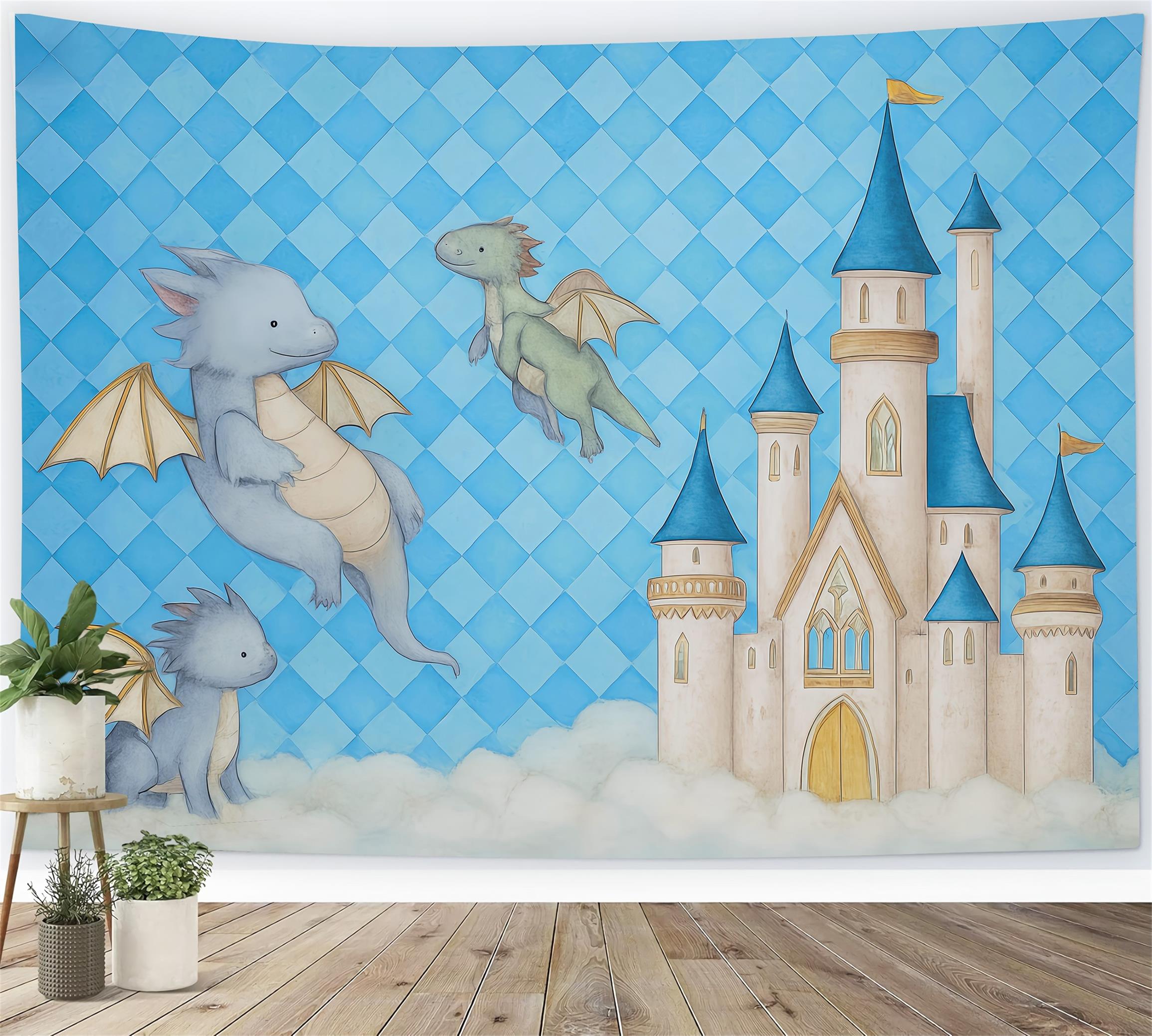 Toile de fond Château Dragons Volants Château Bleu Nuages Nouveau-Né Photographie MRR9-44