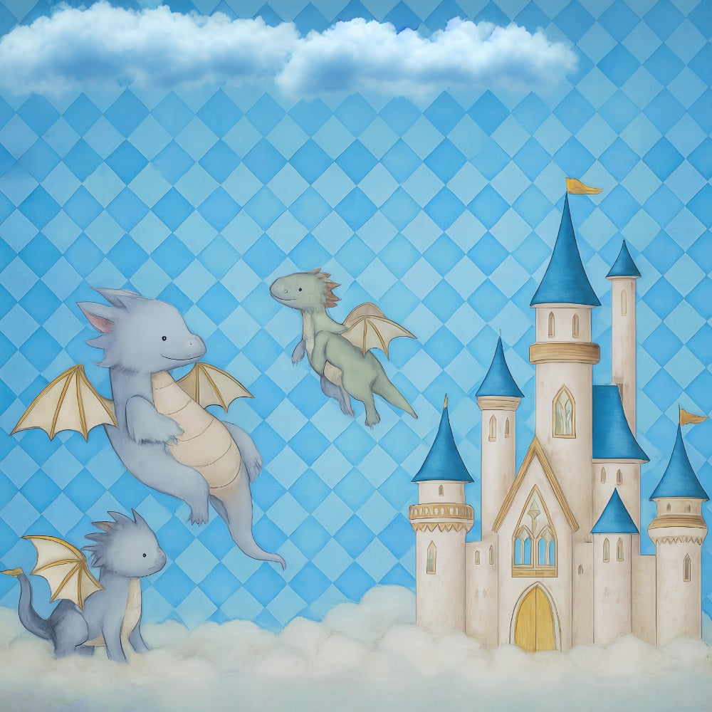 Toile de fond Château Dragons Volants Château Bleu Nuages Nouveau-Né Photographie MRR9-44