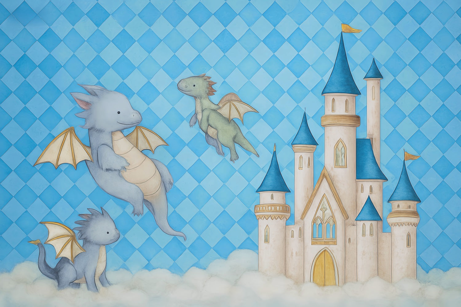 Toile de fond Château Dragons Volants Château Bleu Nuages Nouveau-Né Photographie MRR9-44