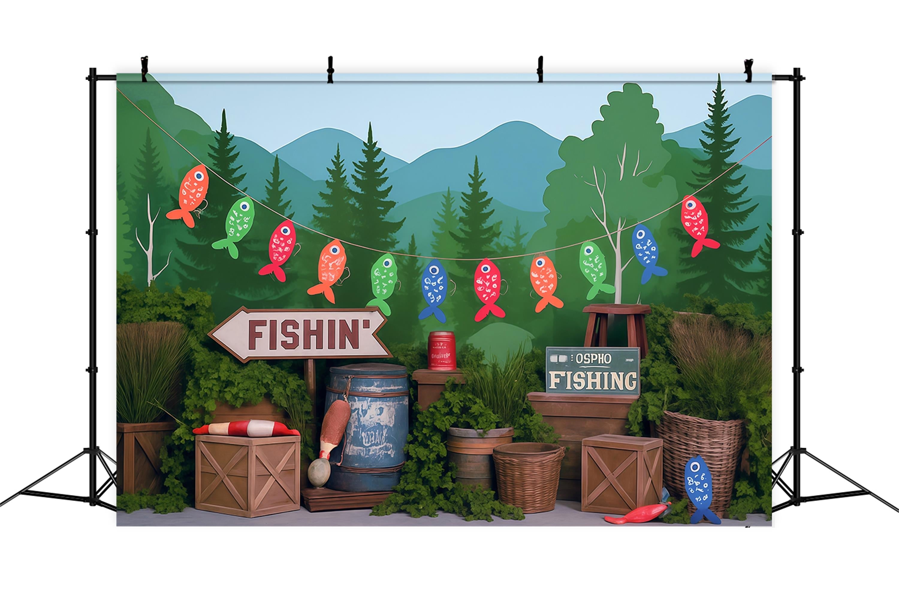 Toile de fond Forêt Lac Rivière Pêche Fête Enfants Photo MRR9-49