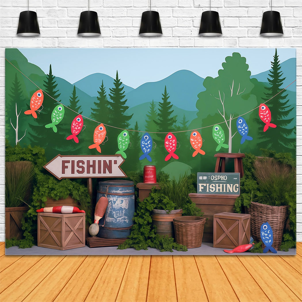 Toile de fond Forêt Lac Rivière Pêche Fête Enfants Photo MRR9-49