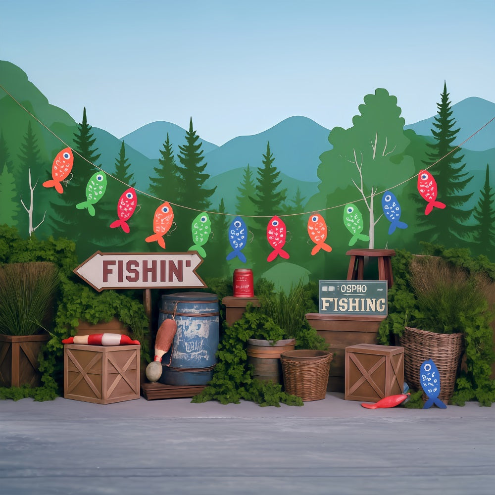 Toile de fond Forêt Lac Rivière Pêche Fête Enfants Photo MRR9-49