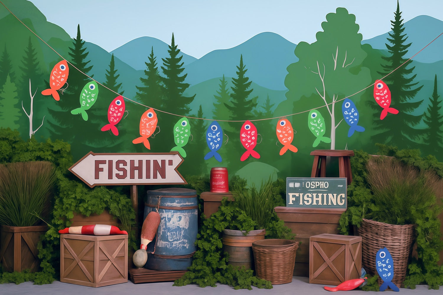 Toile de fond Forêt Lac Rivière Pêche Fête Enfants Photo MRR9-49