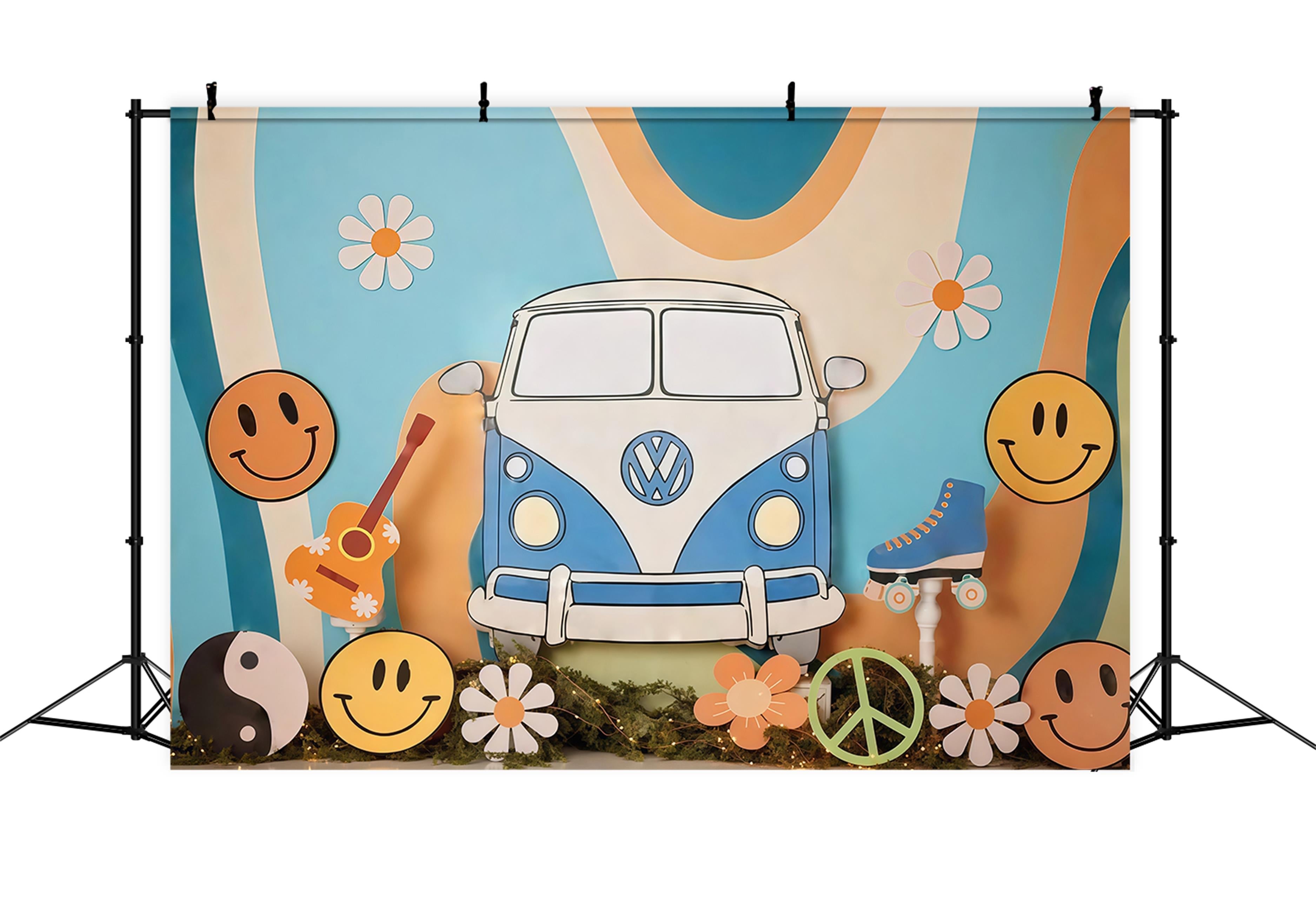 Toile de fond Anniversaire Van Hippie Rétro Symboles Smiley Smash Cake MRR9-57