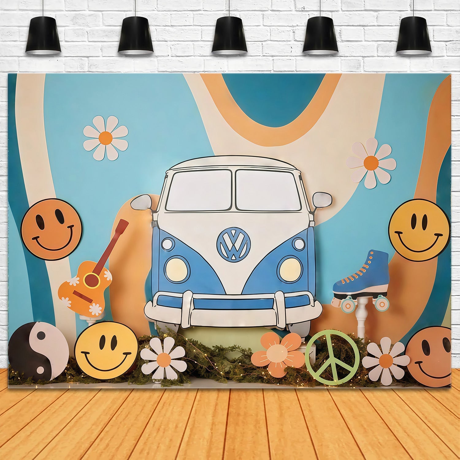 Toile de fond Anniversaire Van Hippie Rétro Symboles Smiley Smash Cake MRR9-57