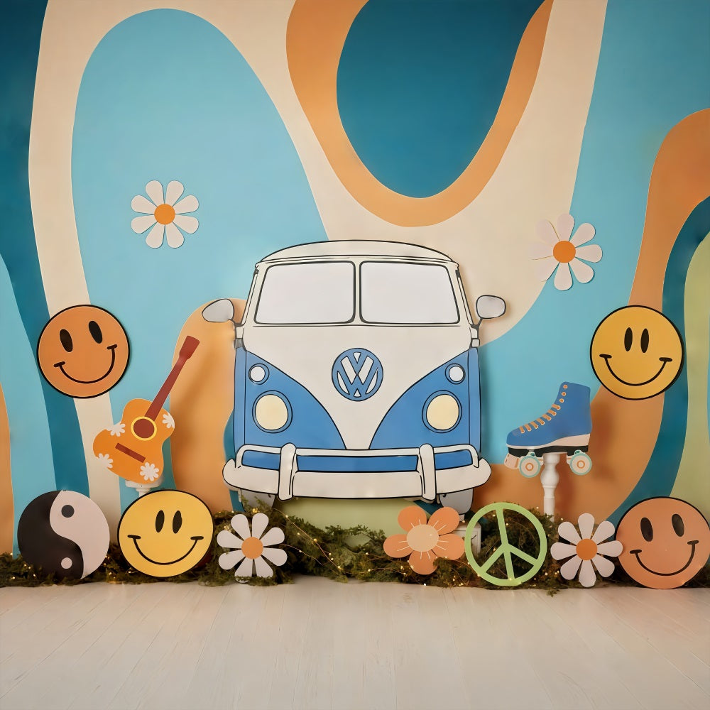 Toile de fond Anniversaire Van Hippie Rétro Symboles Smiley Smash Cake MRR9-57