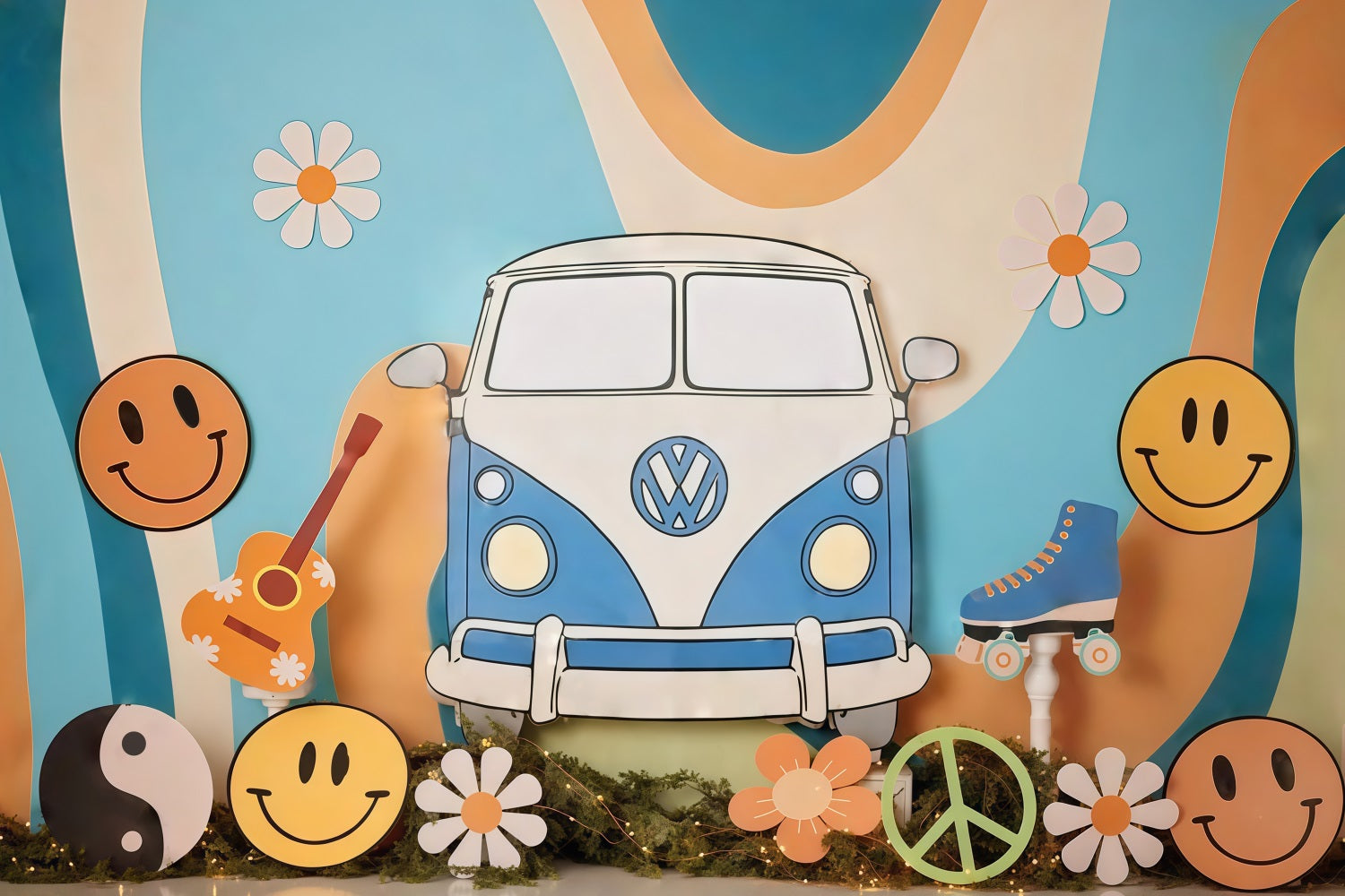 Toile de fond Anniversaire Van Hippie Rétro Symboles Smiley Smash Cake MRR9-57