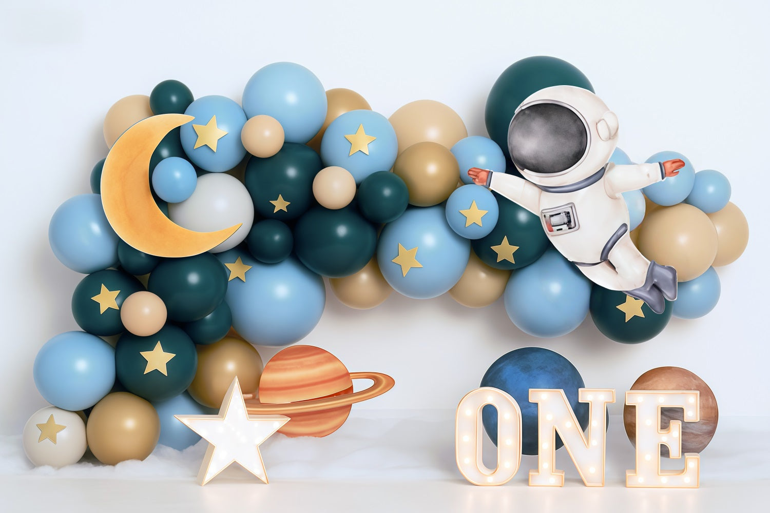 Toile de fond 1er Anniversaire Astronaute Espace Aventure Ballons Smash Cake MRR9-58