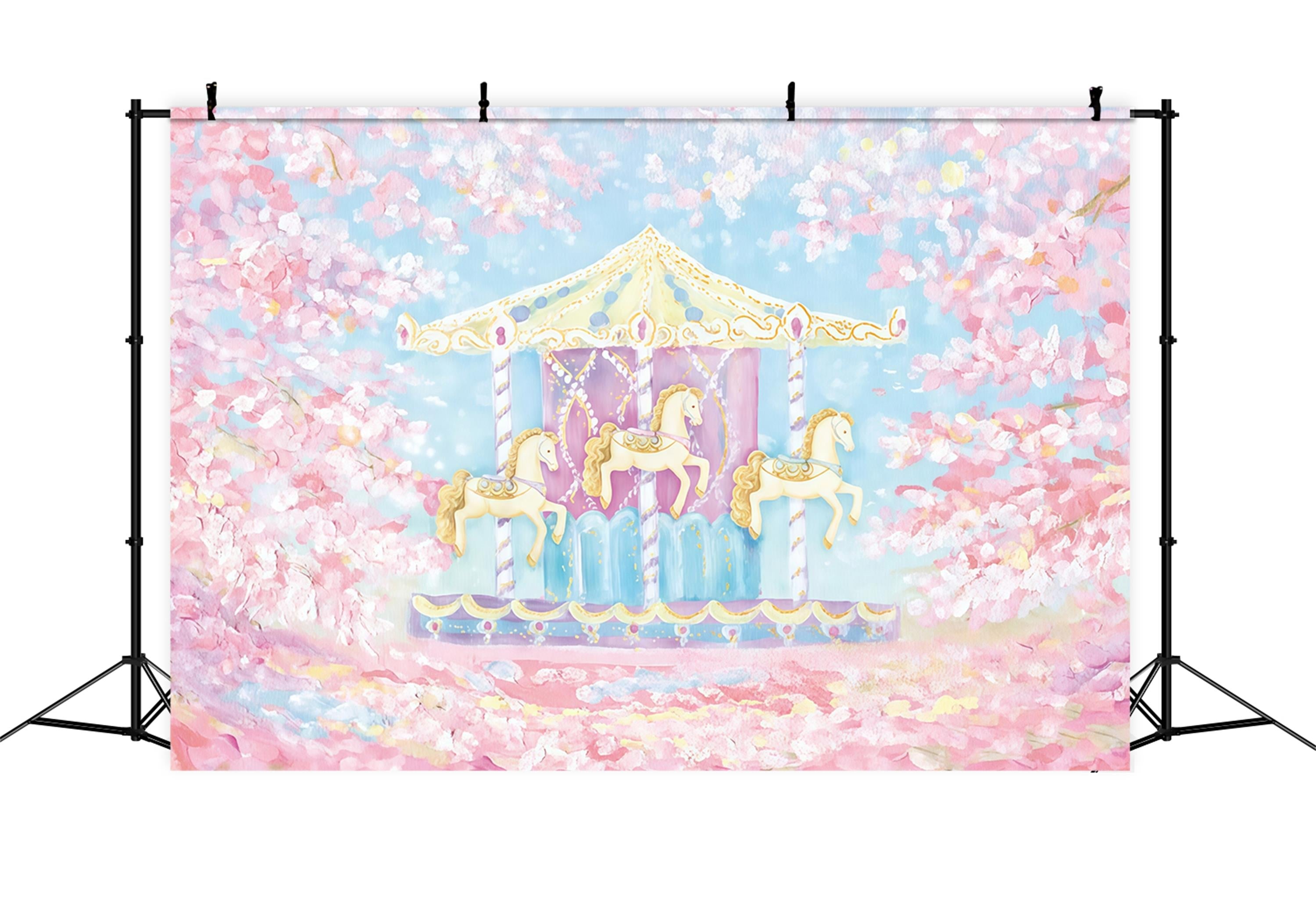Toile de fond Enfants Carrousel Chevaux Fleurs de Cerisier Nouveau-Né Photographie MRR9-59
