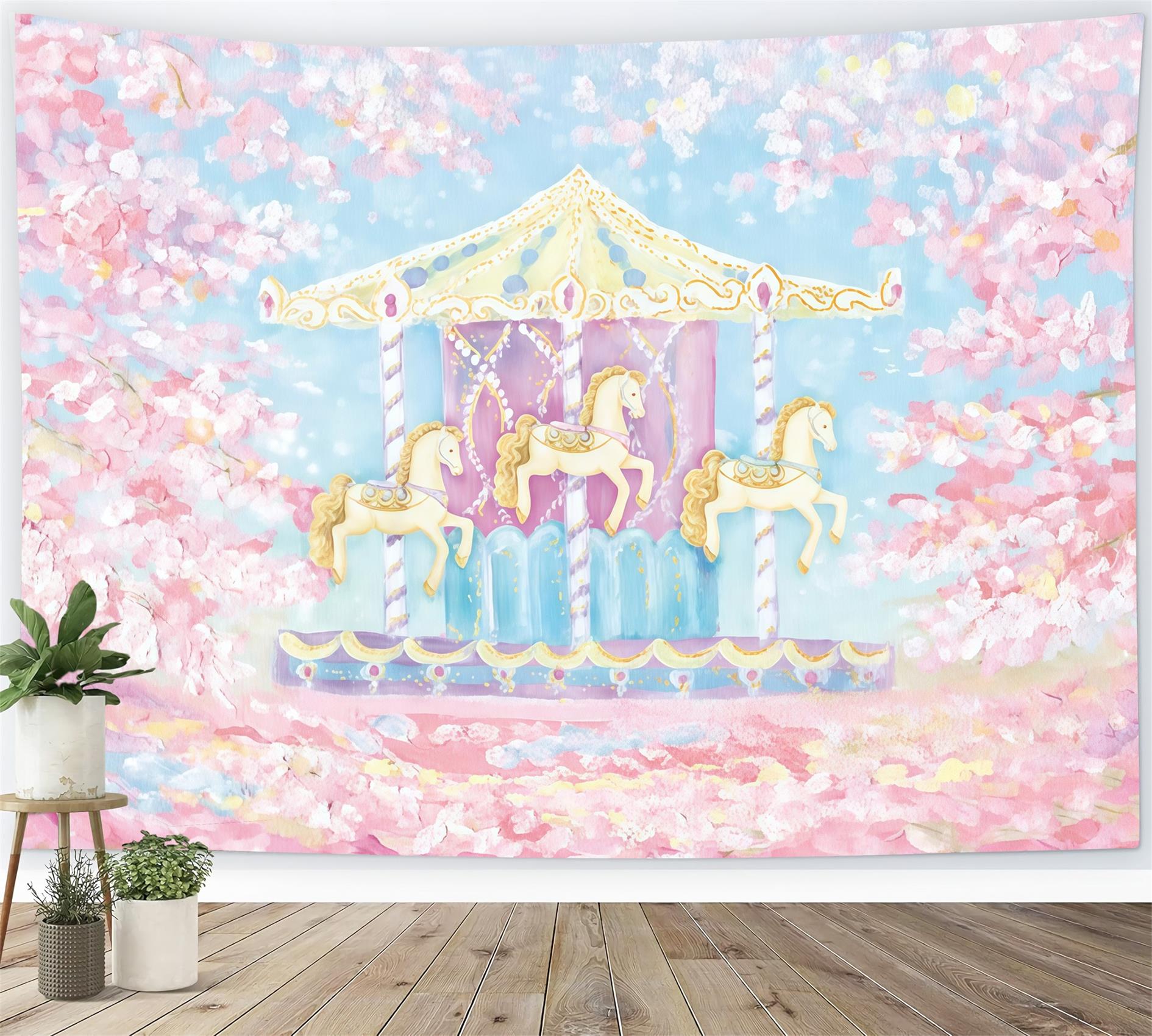 Toile de fond Enfants Carrousel Chevaux Fleurs de Cerisier Nouveau-Né Photographie MRR9-59