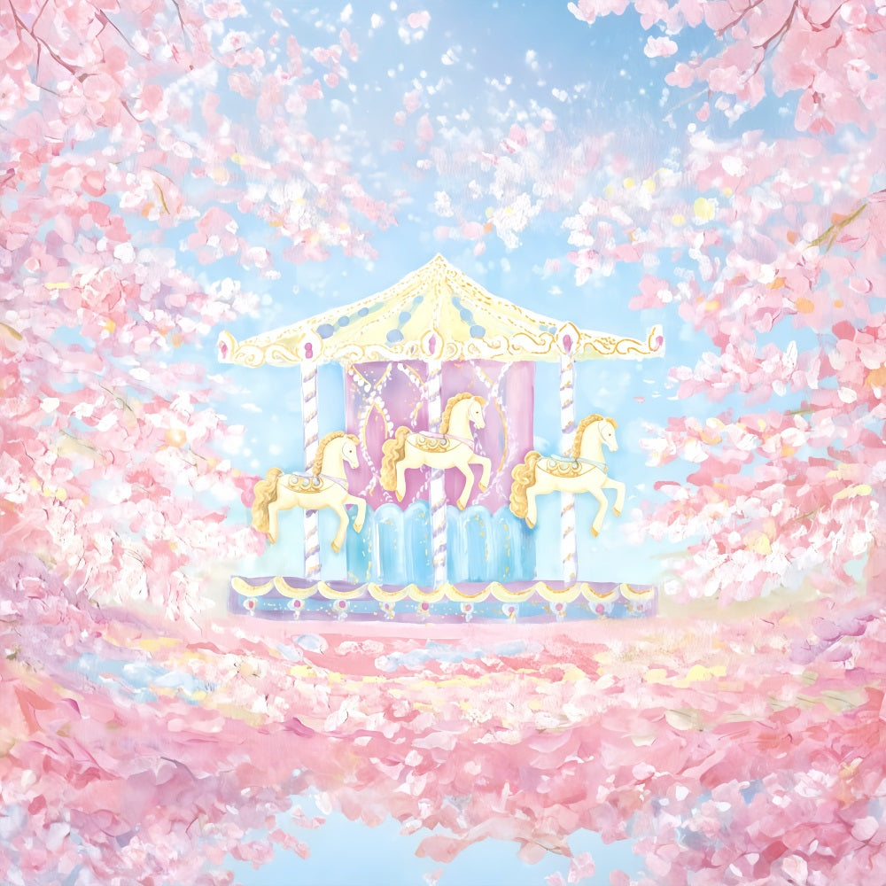 Toile de fond Enfants Carrousel Chevaux Fleurs de Cerisier Nouveau-Né Photographie MRR9-59