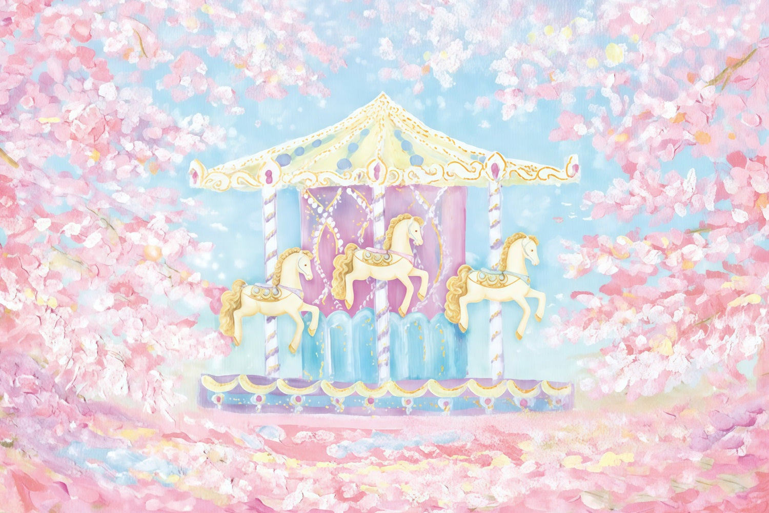 Toile de fond Enfants Carrousel Chevaux Fleurs de Cerisier Nouveau-Né Photographie MRR9-59