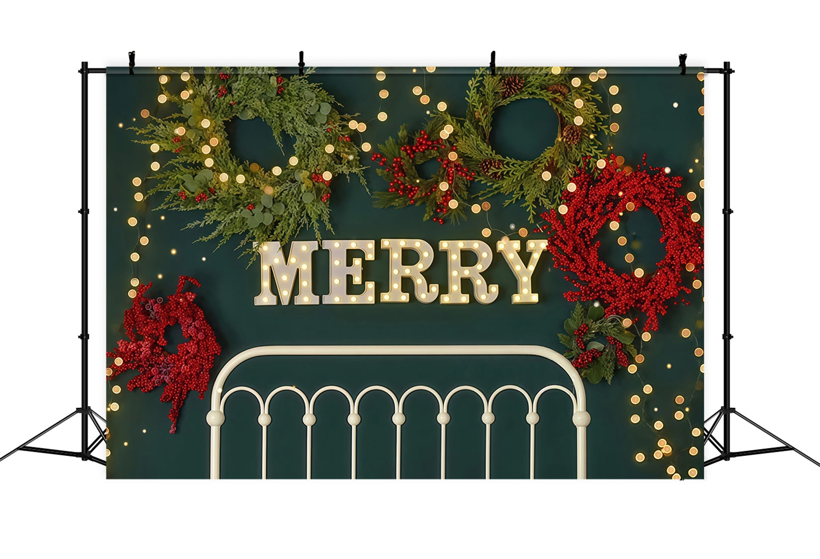 Toile de fond Noël Couronne Joyeuse Guirlandes Lumineuses Tête de Lit MRR9-6
