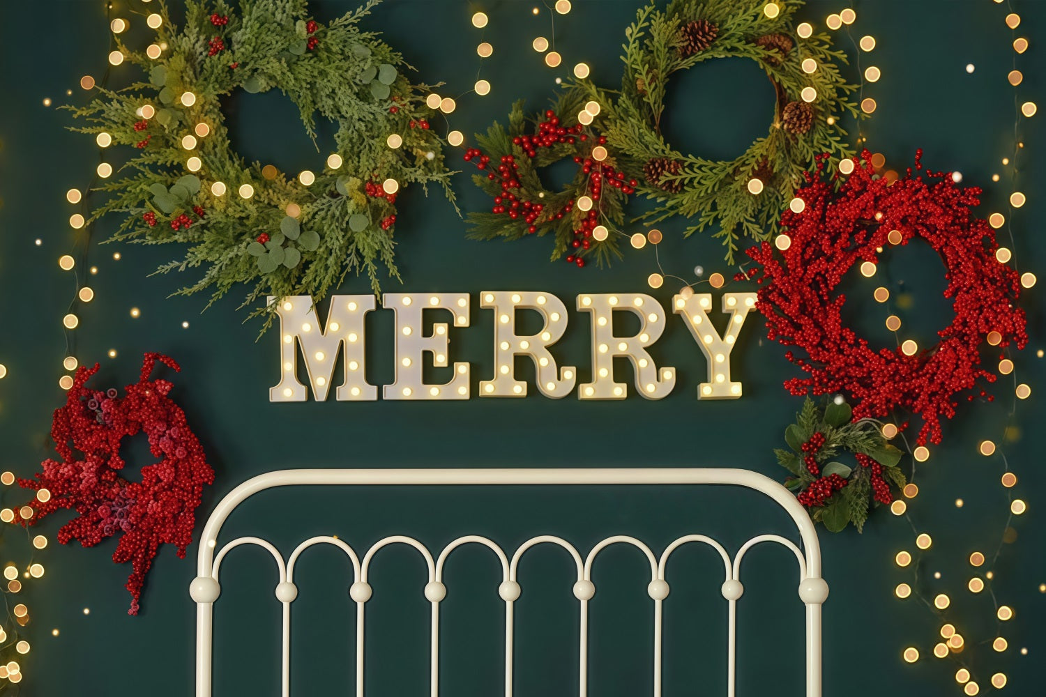 Toile de fond Noël Couronne Joyeuse Guirlandes Lumineuses Tête de Lit MRR9-6