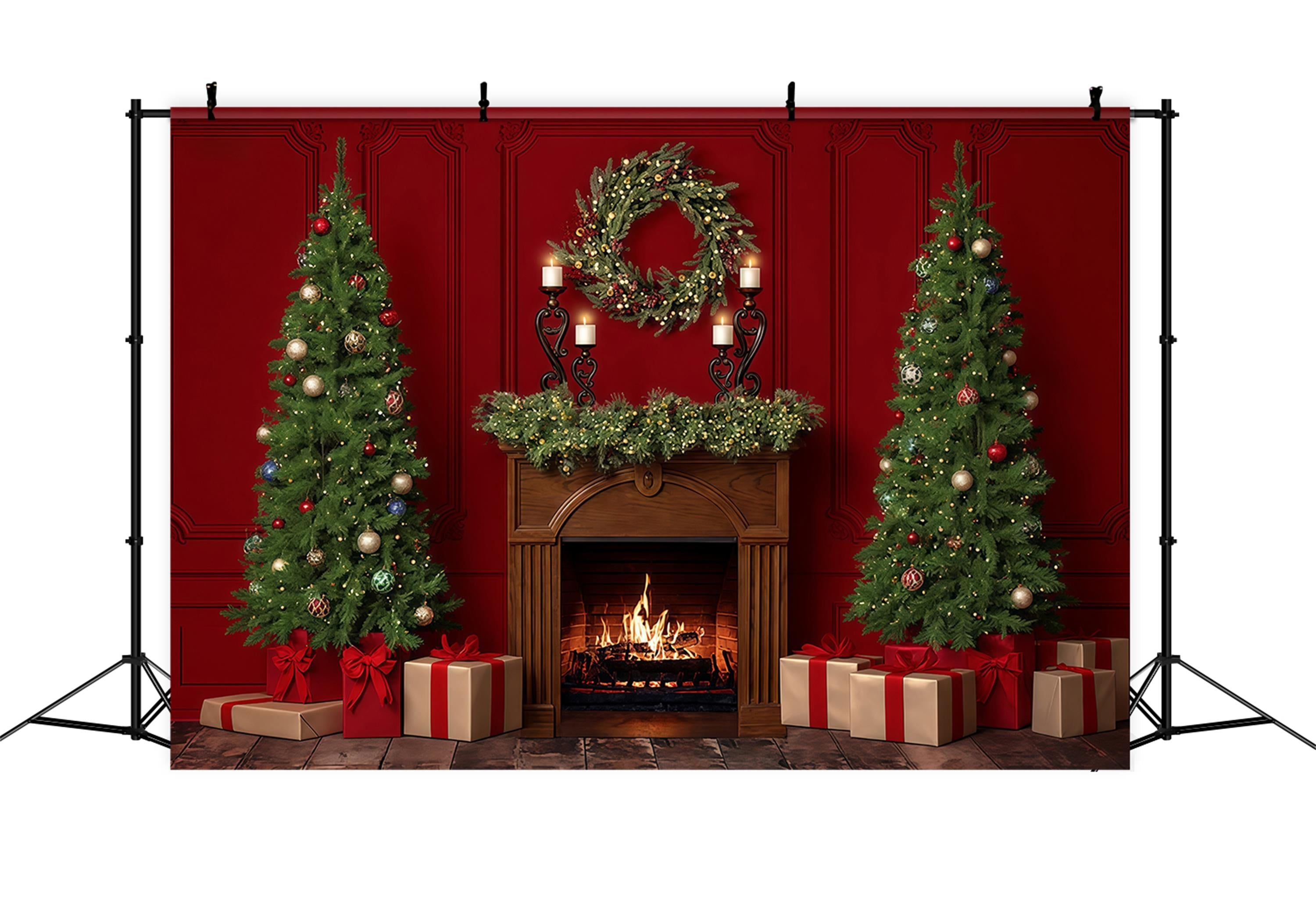 Toile de fond Cheminée de Noël Guirlande de Noël Couronne Noël MRR9-60
