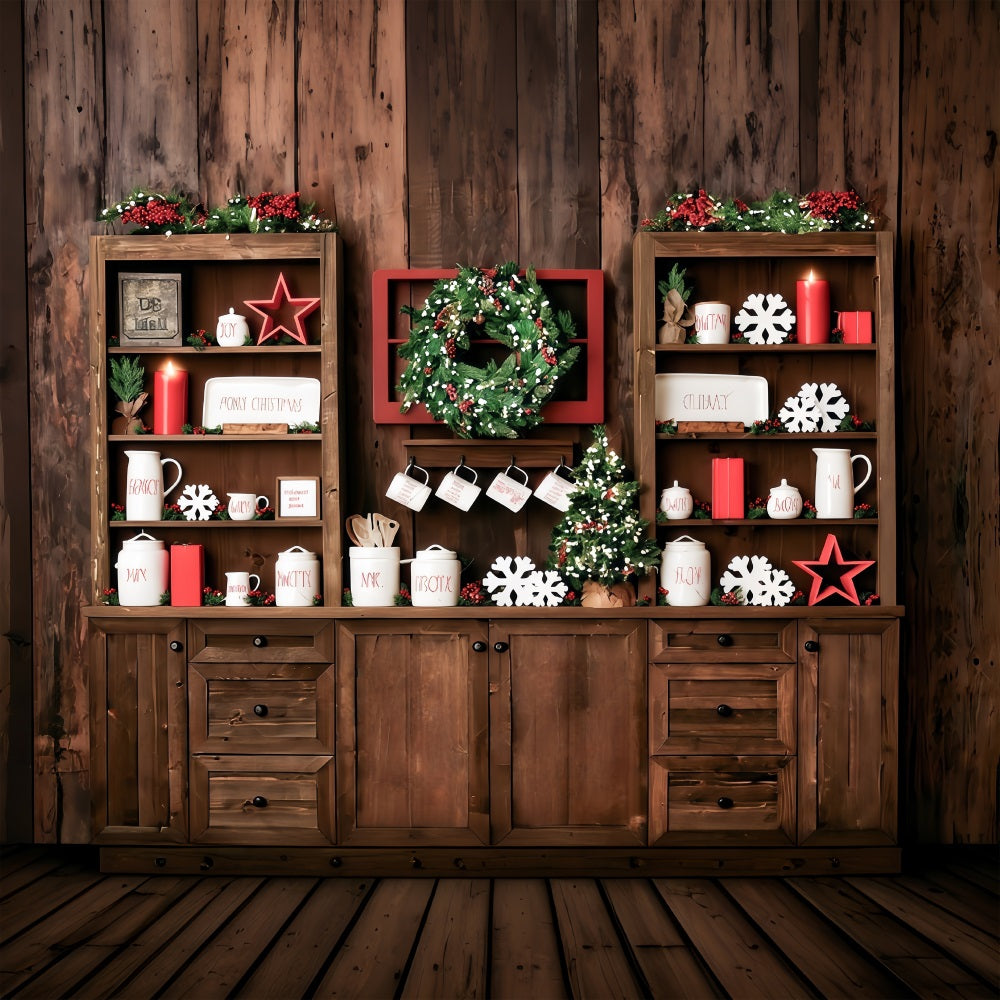 Toile de fond Cuisine de Noël Rustique Étagères Festives Déco Noël Photo MRR9-61