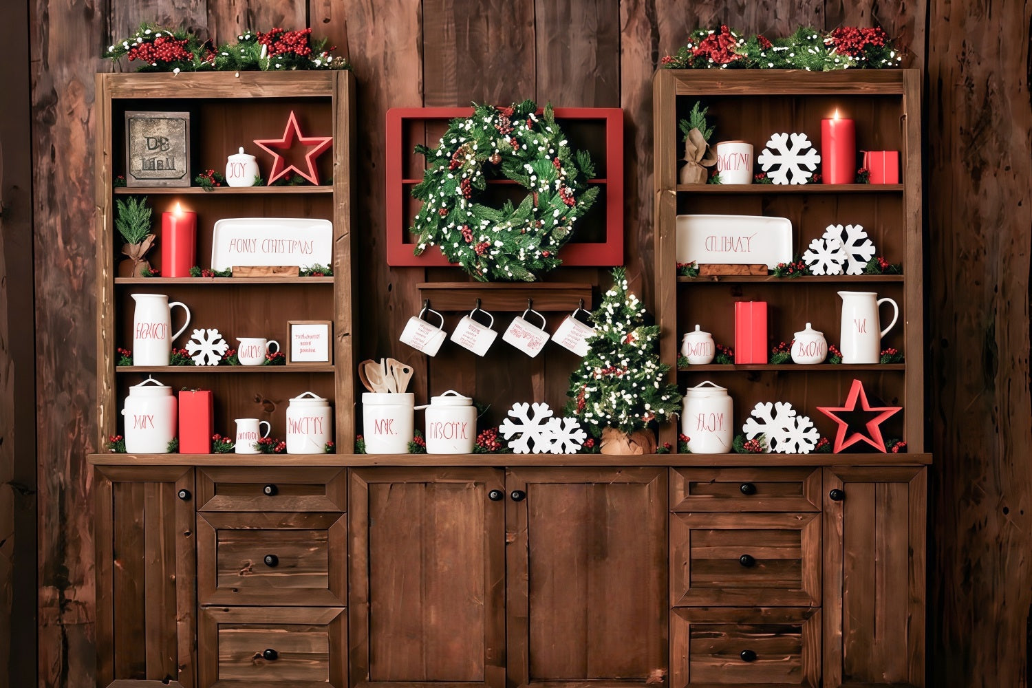 Toile de fond Cuisine de Noël Rustique Étagères Festives Déco Noël Photo MRR9-61