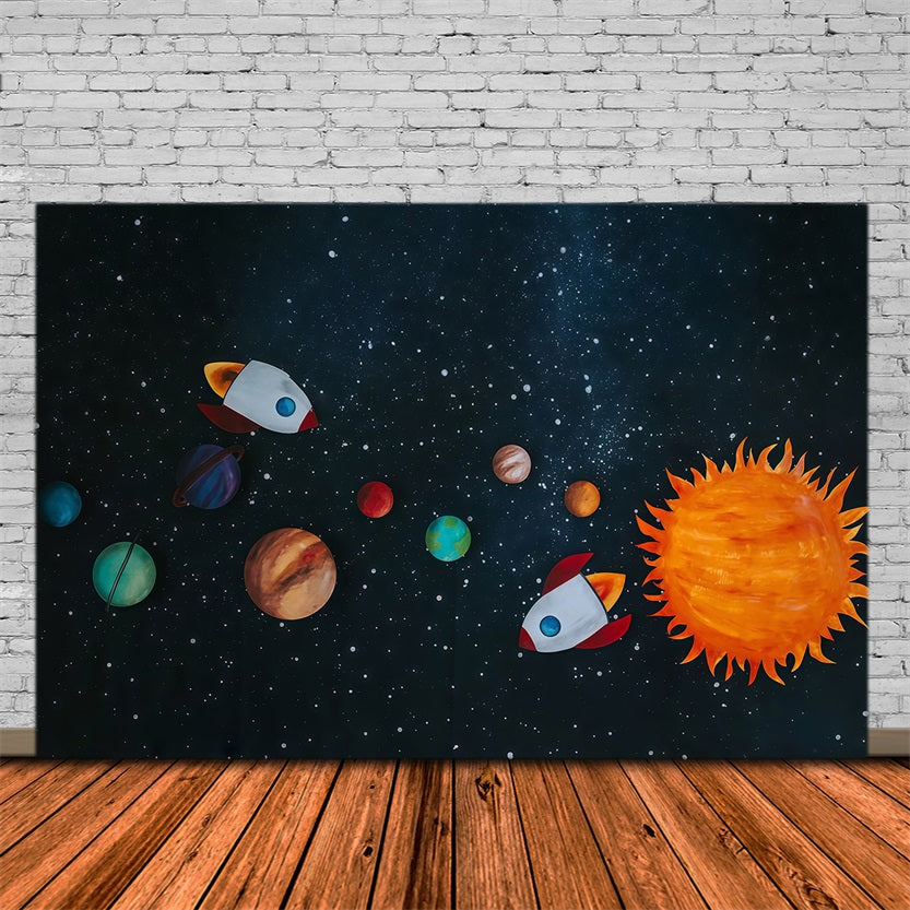 Toile de fond Smash Cake Fusée Aventure Planètes Colorées Lumières Anniversaire MRR9-62