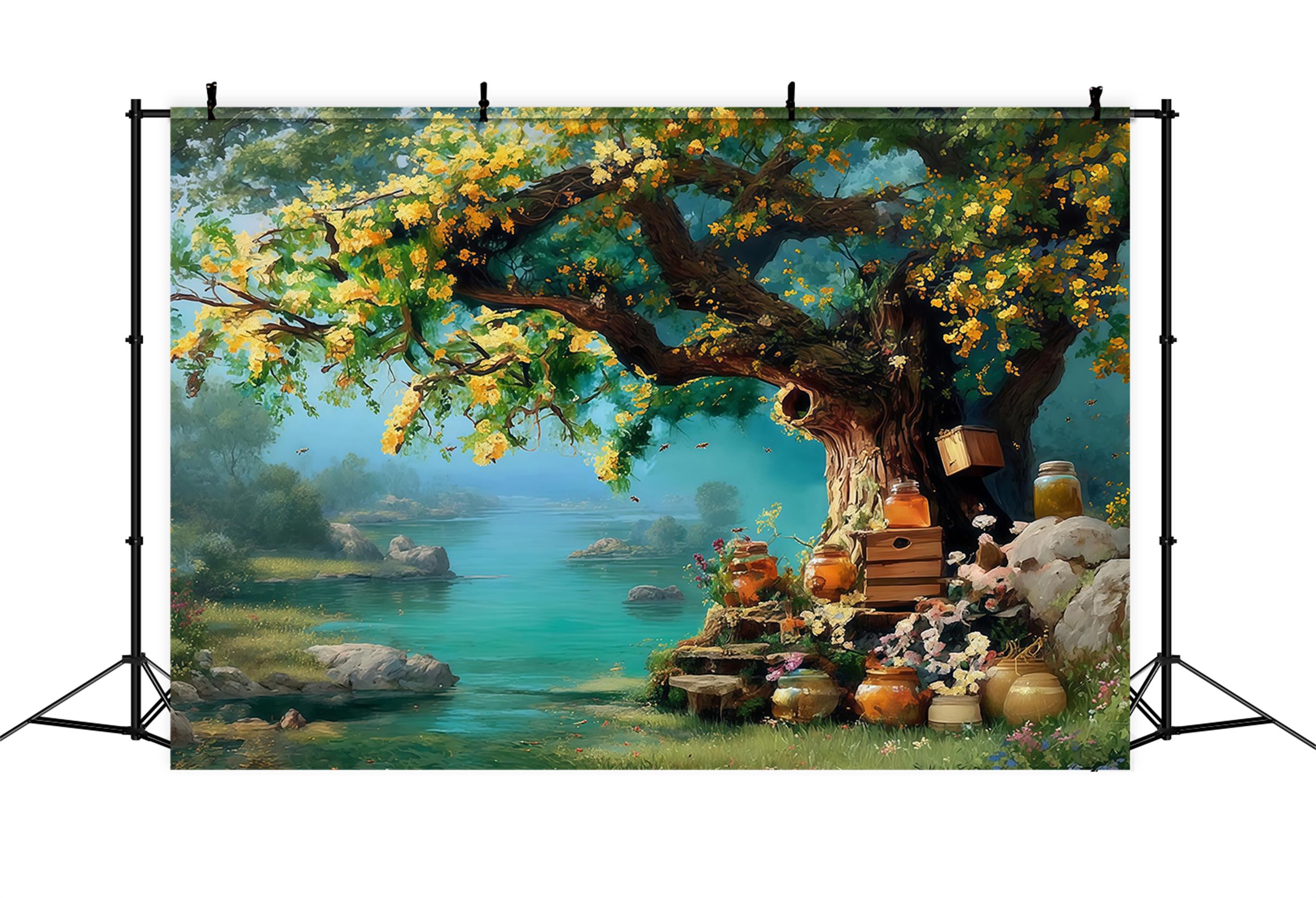 Toile de fond Peinture Arbre Miel Doré Jardin Rivière Beaux-Arts MRR9-64