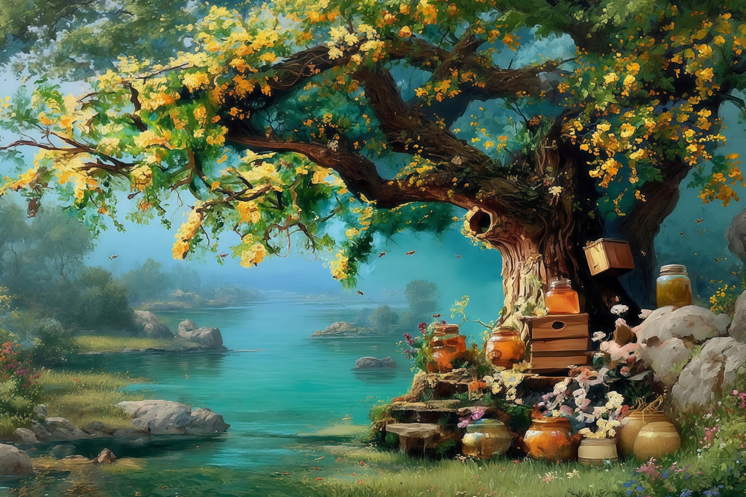 Toile de fond Peinture Arbre Miel Doré Jardin Rivière Beaux-Arts MRR9-64