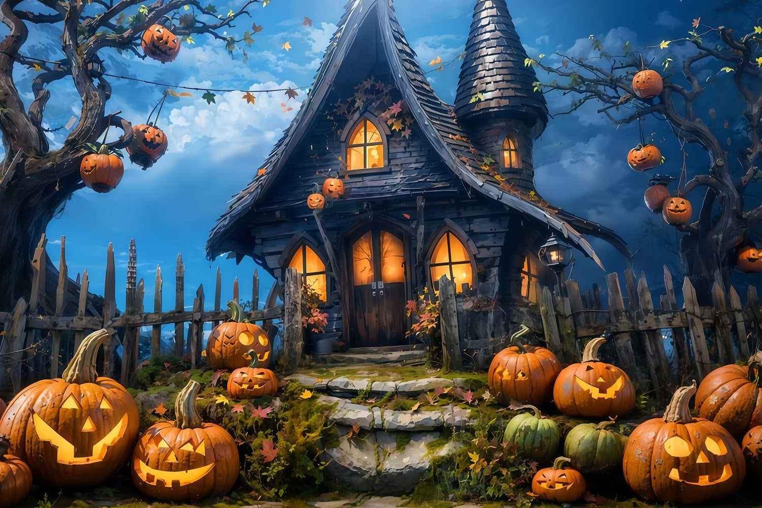 Toile de fond Halloween Chaumière Citrouilles Nuit Photo Halloween MRR9-68