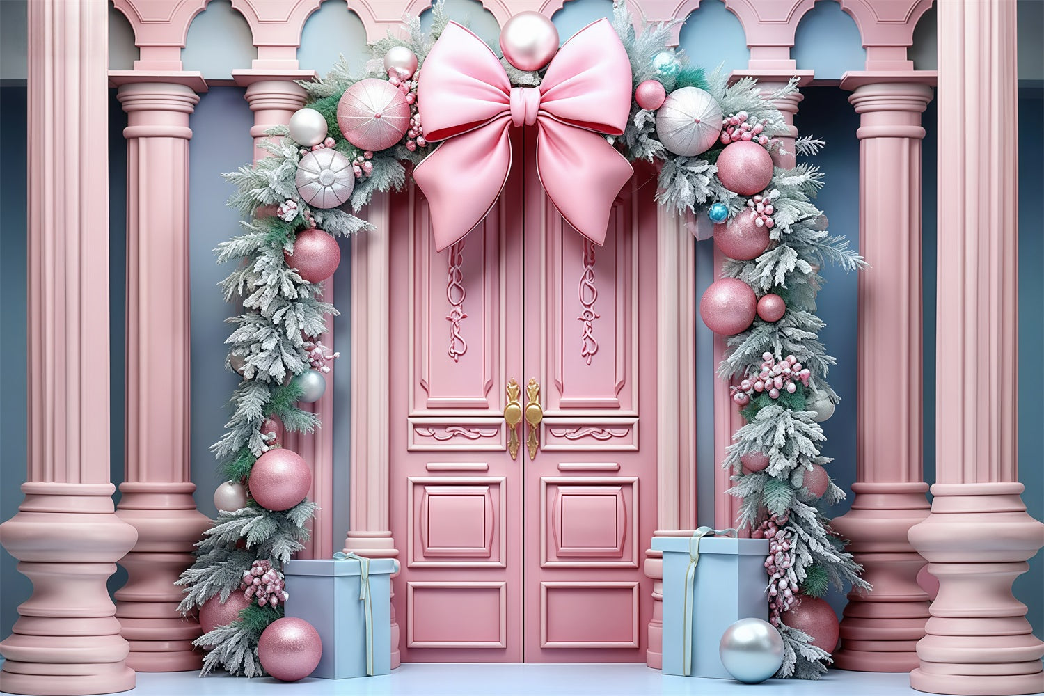 Toile de fond Noël Rose Porte Rose Ruban Guirlande Noël MRR9-70