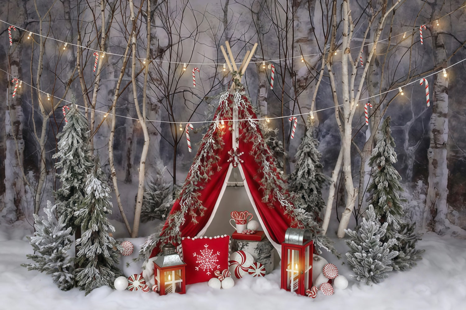 Toile de fond Forêt Hivernale Sucreries Tente d’Hiver Forêt MRR9-73
