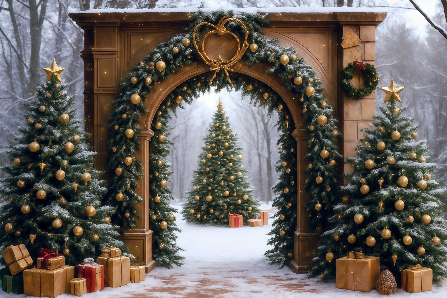 Toile de fond Arbre de Noël Forêt Enneigée Arche Porte Noël Photo MRR9-77