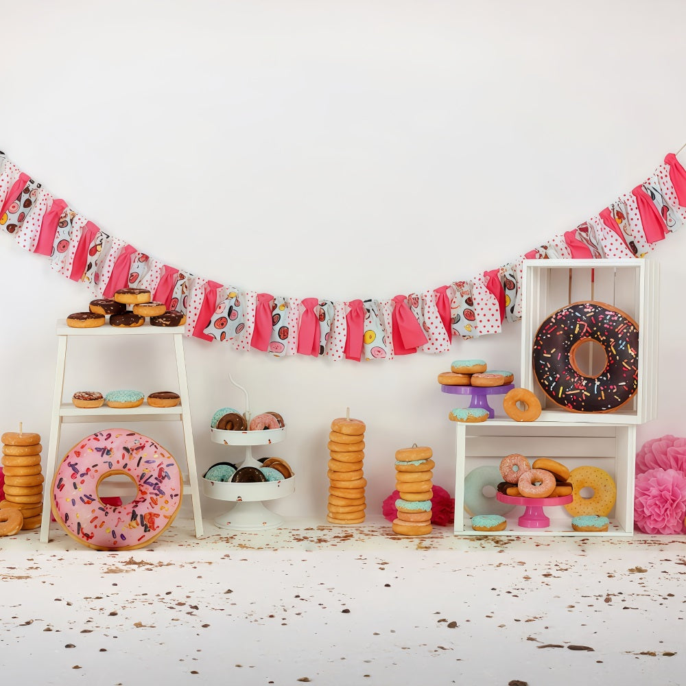 Toile de fond Anniversaire Gâteau Donuts Colorés Fête Dessert MRR9-8