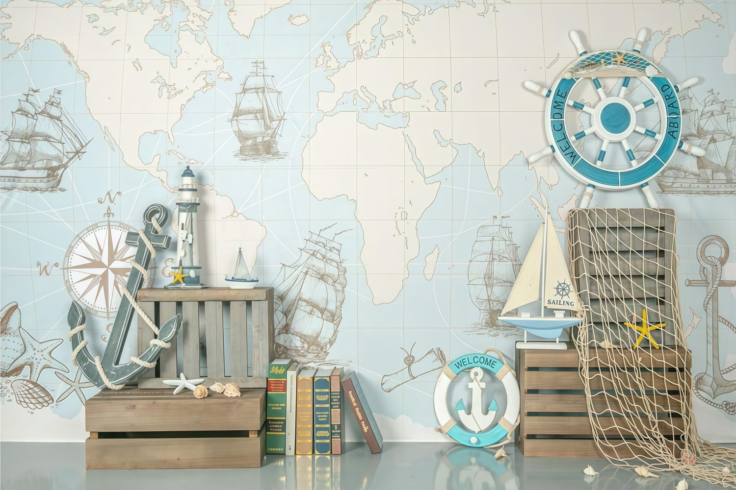 Toile de fond Nouveau-Né Carte Nautique Navires Gouvernail Décor Enfants MRR9-82