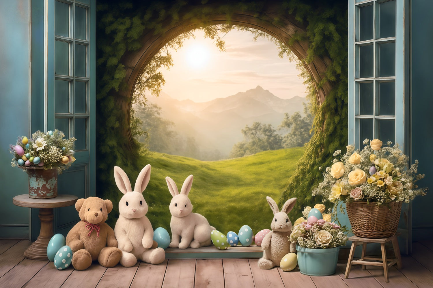Toile de fond Pâques Lapins Pré Coucher de Soleil Œufs Fleurs MRR9-85