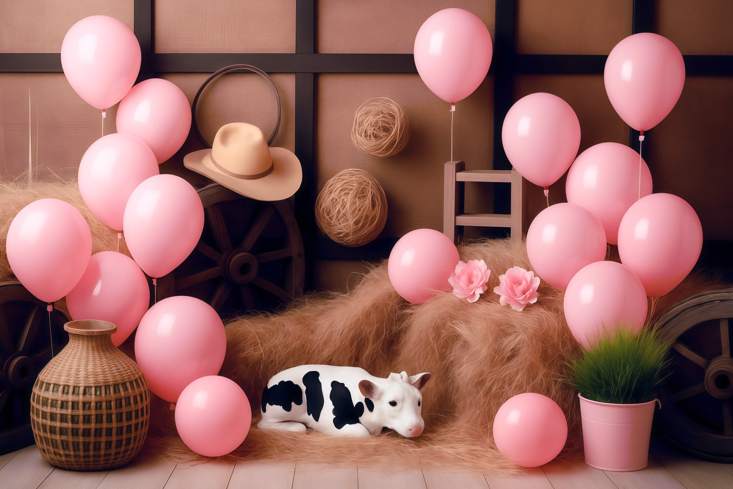 Toile de fond Cowgirl Grange Rustique Ballons Roses Enfants Idées MRR9-87
