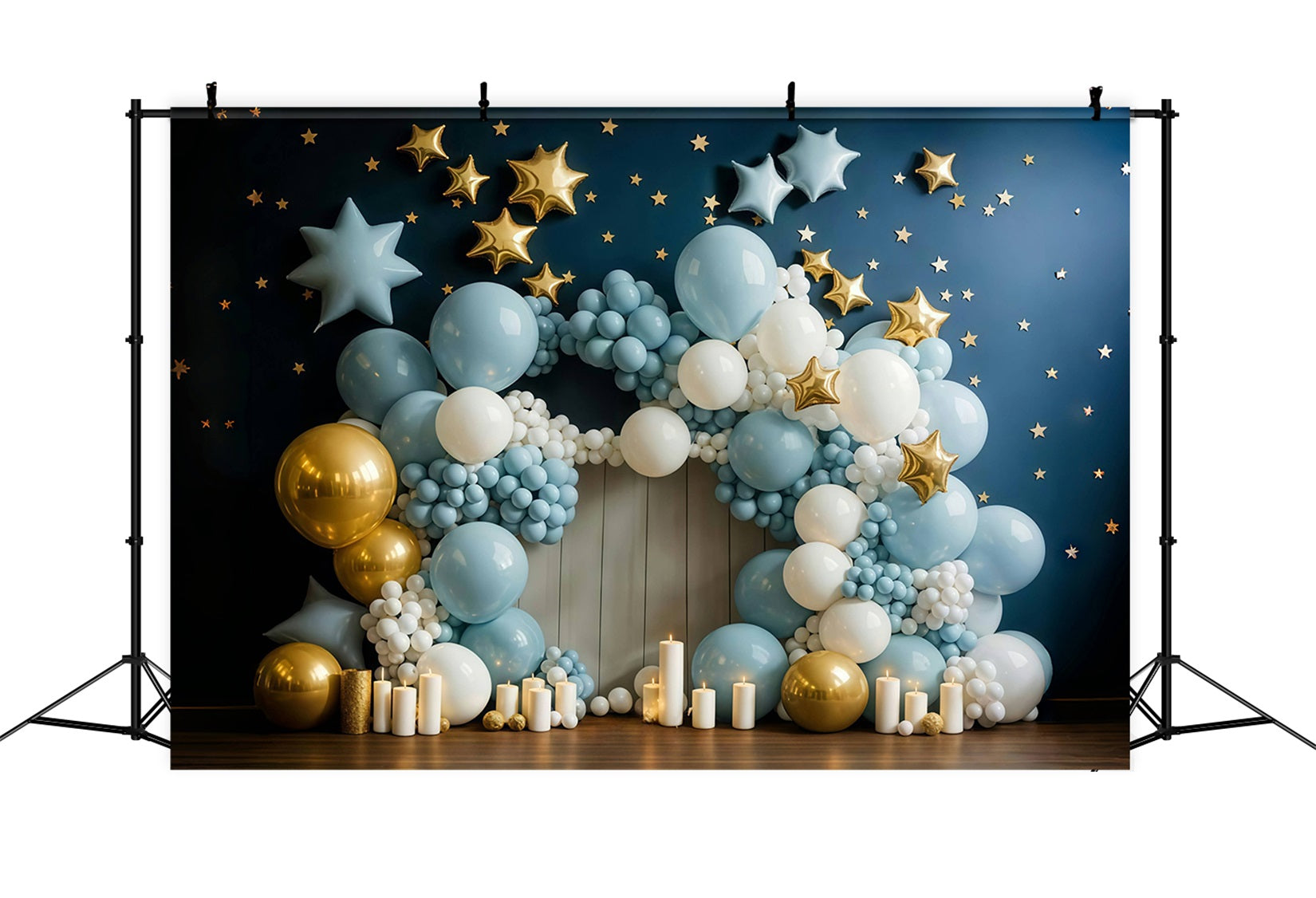 Toile de fond Smash Cake Bleu Or Étoiles Arche de Ballons Anniversaire MRR9-90