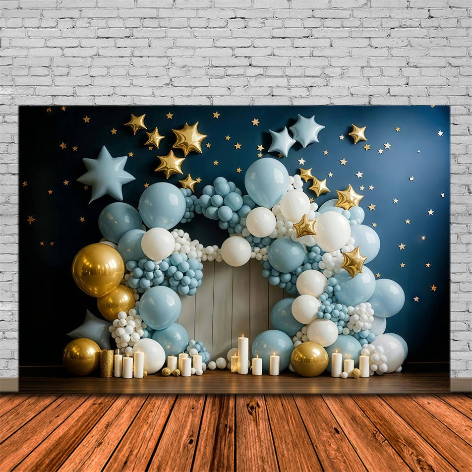 Toile de fond Smash Cake Bleu Or Étoiles Arche de Ballons Anniversaire MRR9-90