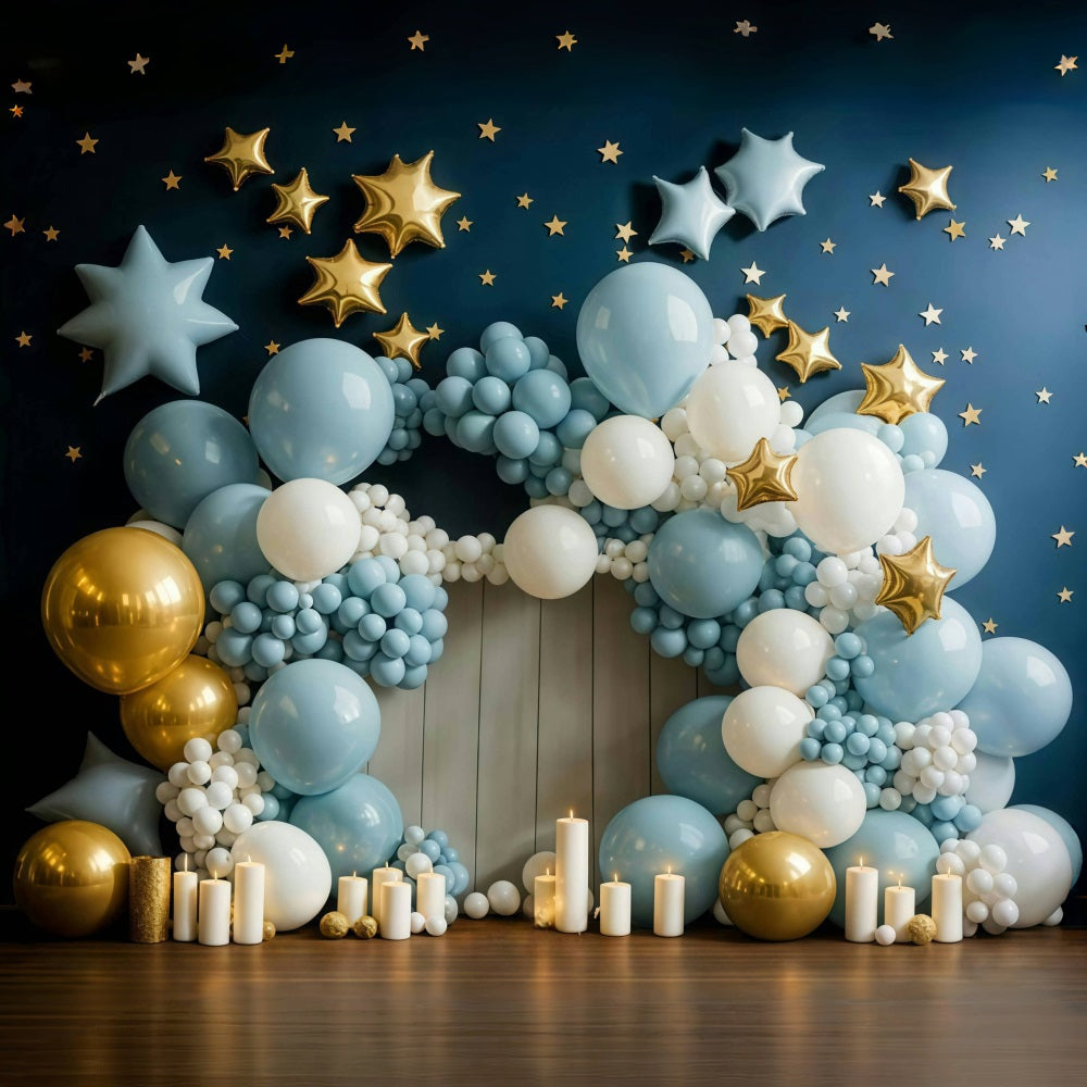 Toile de fond Smash Cake Bleu Or Étoiles Arche de Ballons Anniversaire MRR9-90