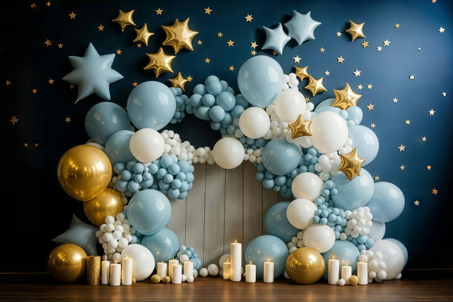 Toile de fond Smash Cake Bleu Or Étoiles Arche de Ballons Anniversaire MRR9-90