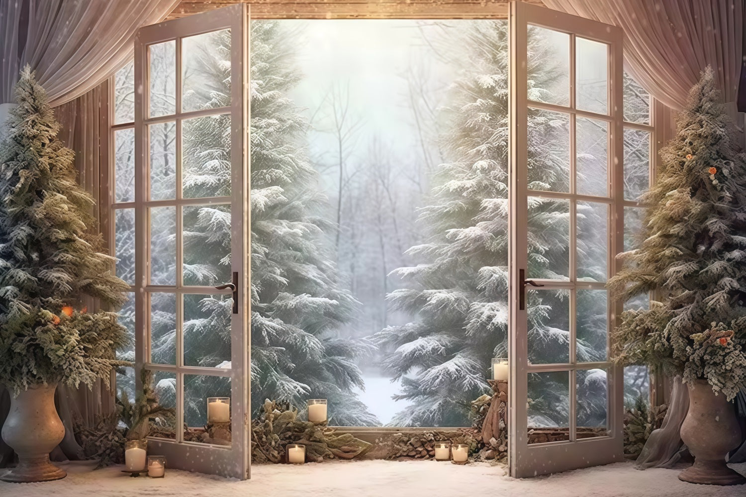 Toile de fond Forêt Hivernale Portes Ouvertes Pins Enneigés Hiver MRR9-97