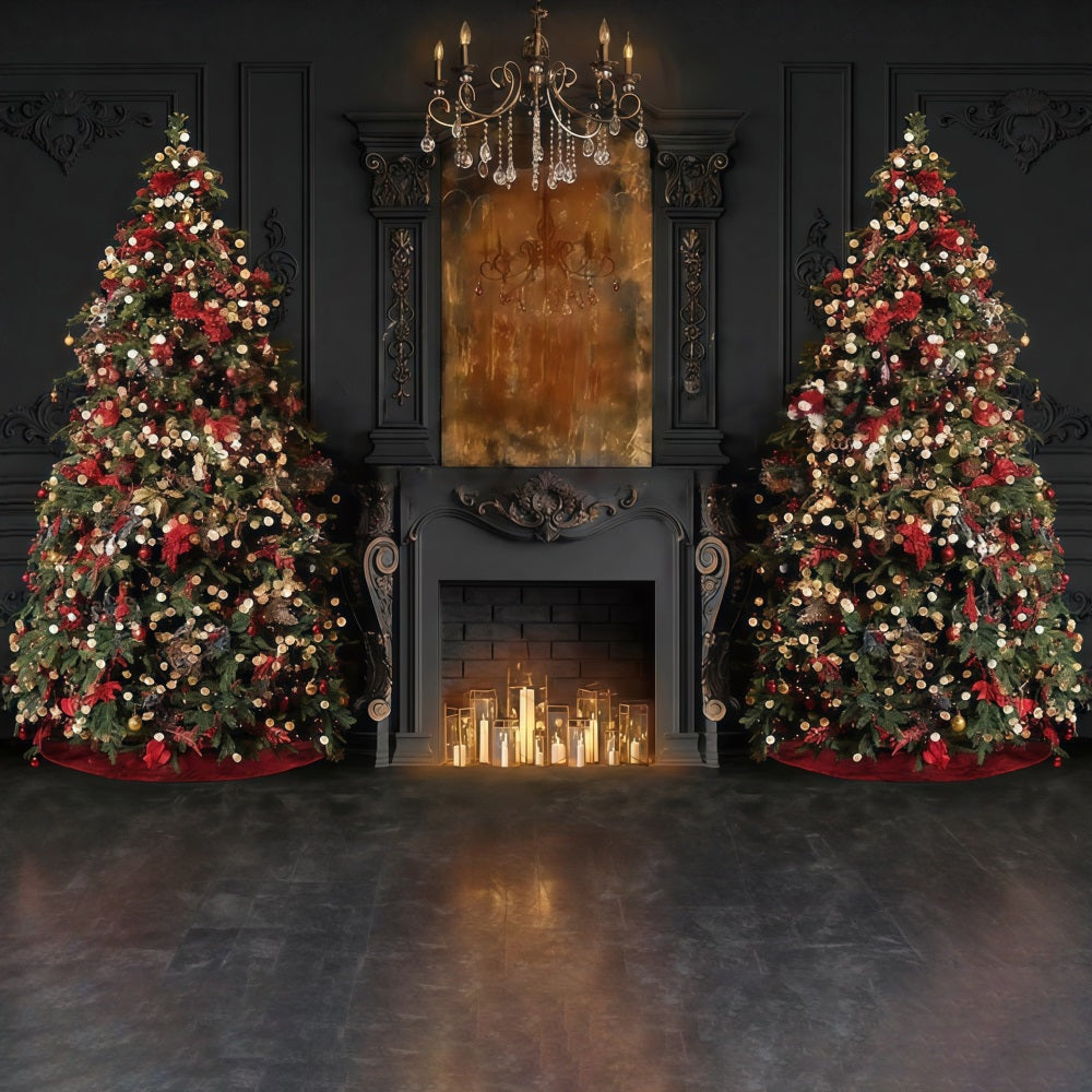 Toile de fond Noël Cheminée Élégants Sapins Lueur de Cheminée Noël MRR9-99