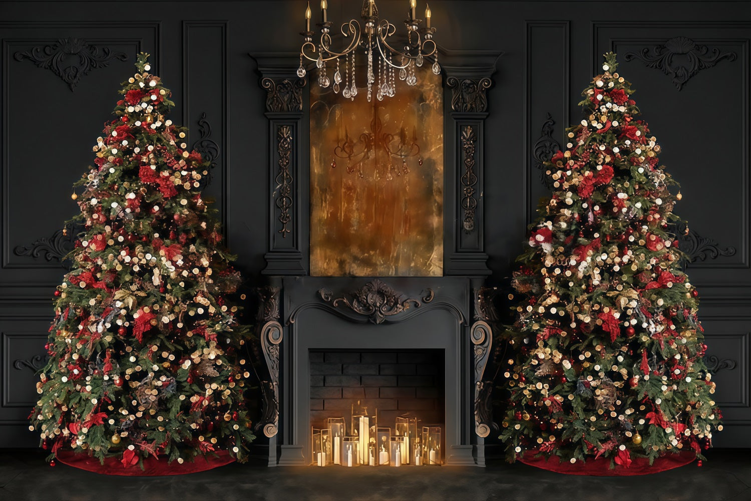 Toile de fond Noël Cheminée Élégants Sapins Lueur de Cheminée Noël MRR9-99