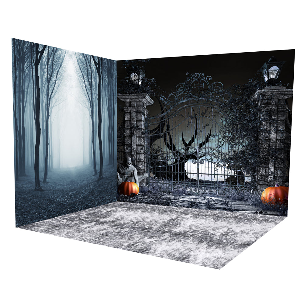 Ensemble de chambre de nuit d'Halloween avec portes effrayantes et forêt ROOM10