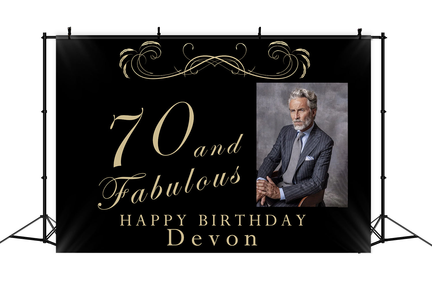 Toile de fond Anniversaire Personnalisable 70 Ans Classique Noir et Or RR1-12