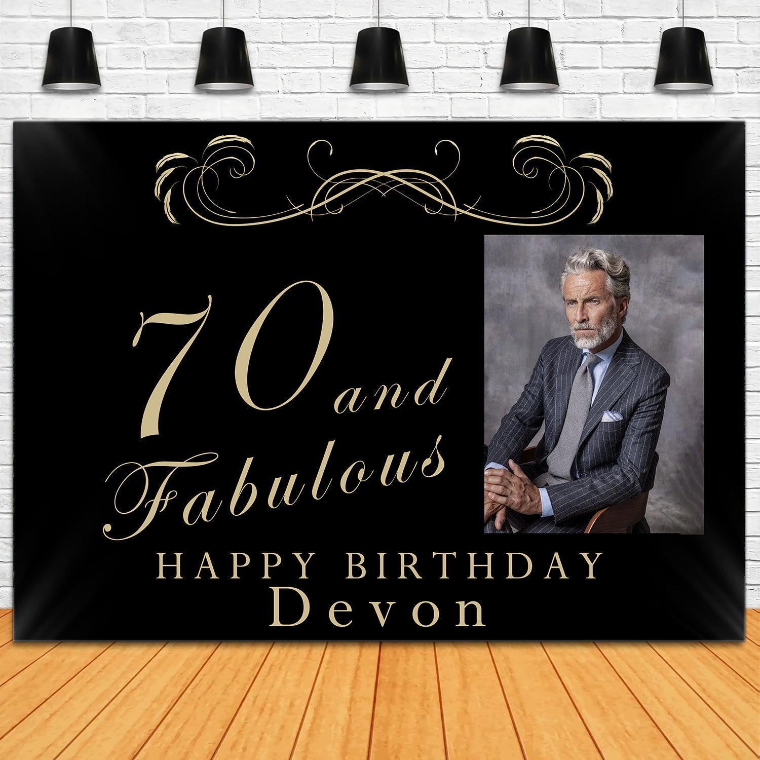 Toile de fond Anniversaire Personnalisable 70 Ans Classique Noir et Or RR1-12