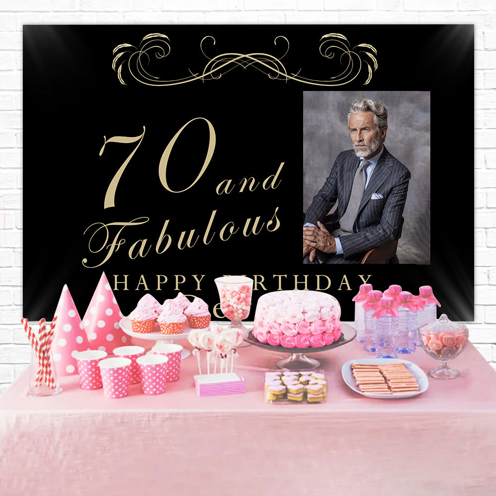 Toile de fond Anniversaire Personnalisable 70 Ans Classique Noir et Or RR1-12