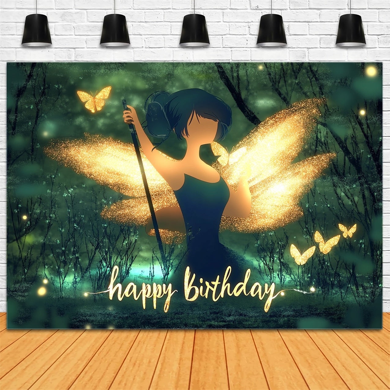 Toile de fond Anniversaire Personnalisé Doré Féerique Forêt Lumineuse RR1-20