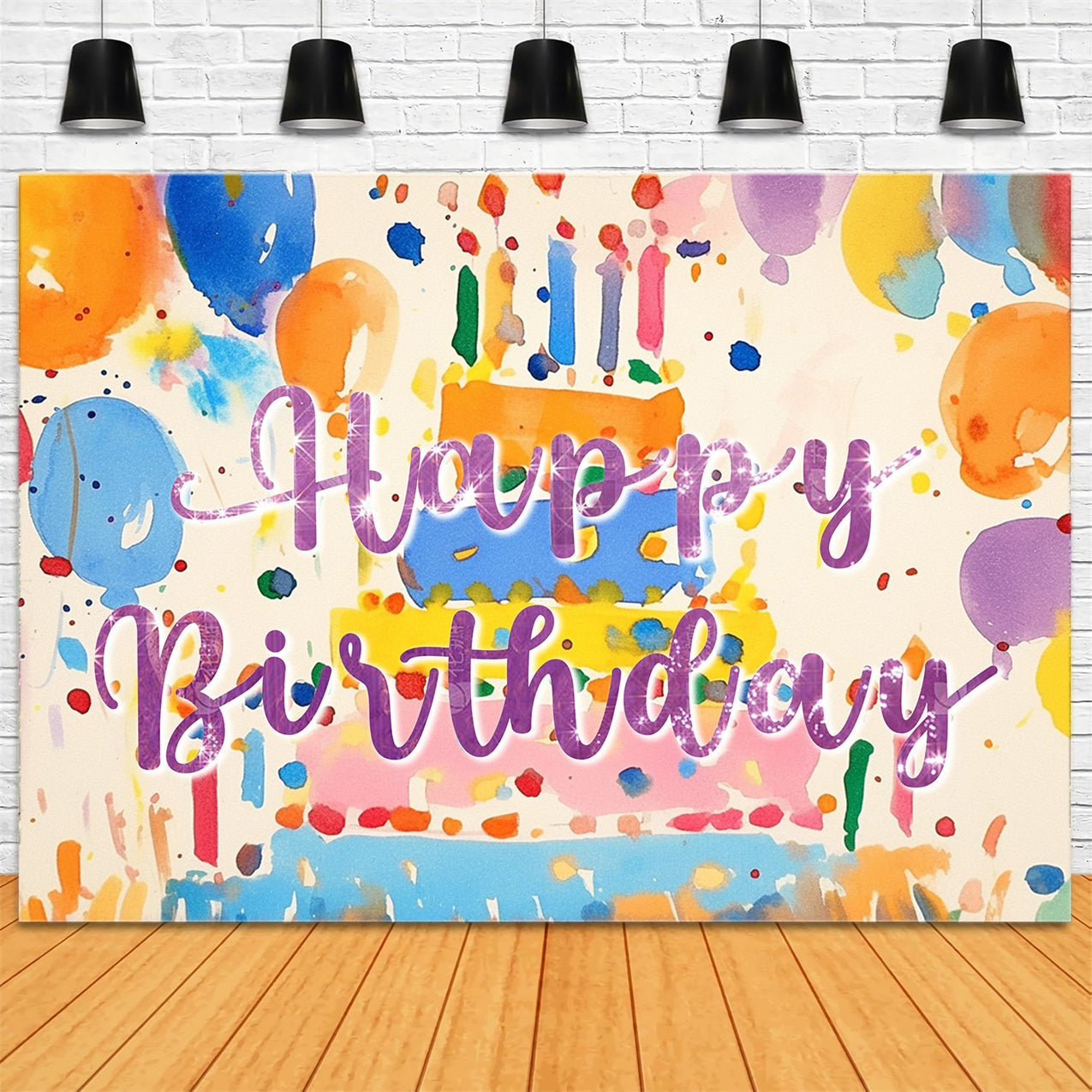 Toile de fond Anniversaire Personnalisé Gâteau Aquarelle et Ballons RR1-22