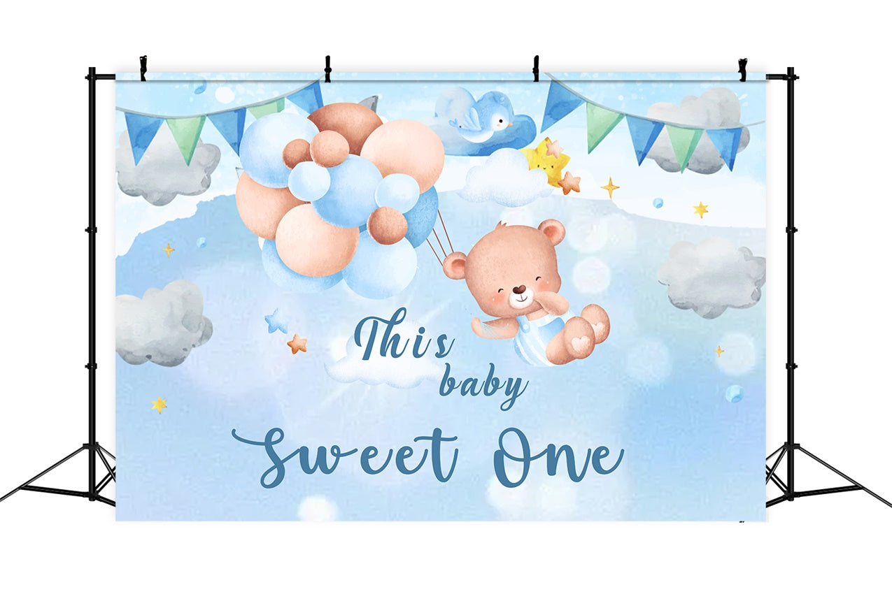 Toile de fond Anniversaire Personnalisable Teddy et Ballons dans le Ciel RR1-29