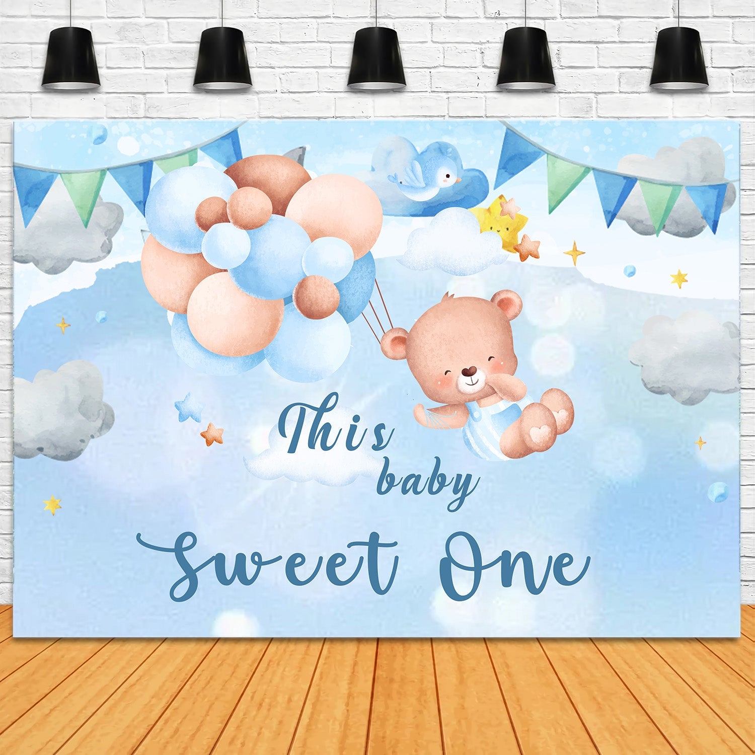 Toile de fond Anniversaire Personnalisable Teddy et Ballons dans le Ciel RR1-29