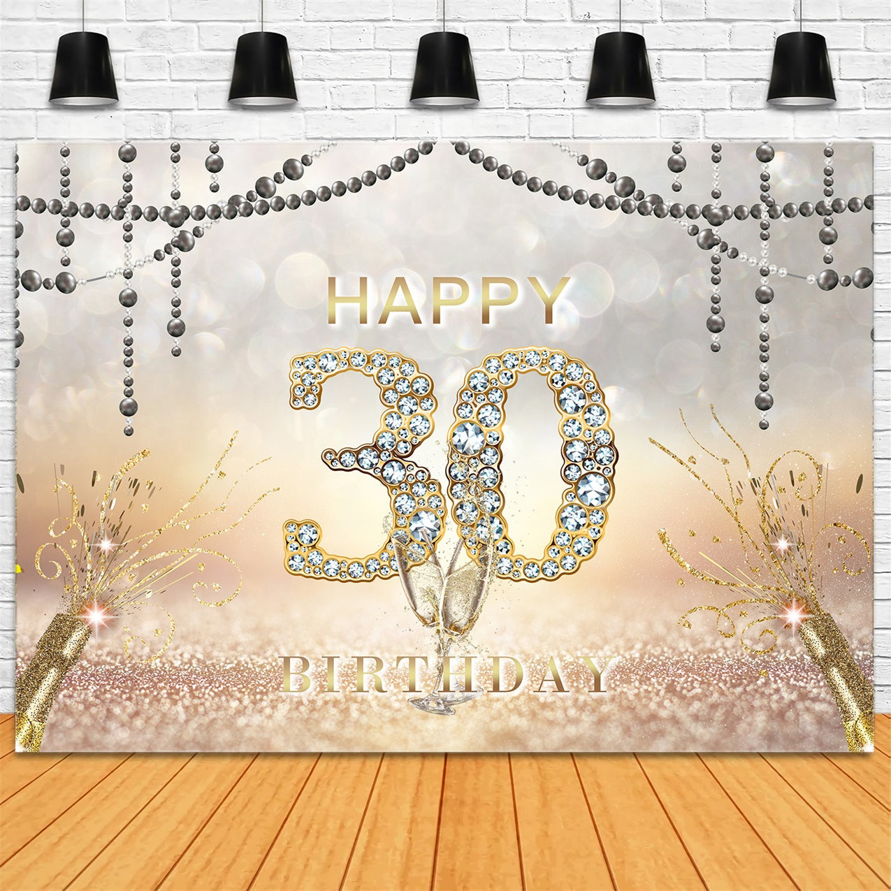 Toile de fond Anniversaire Personnalisable 30 Ans Champagne Diamant et Paillettes RR1-30