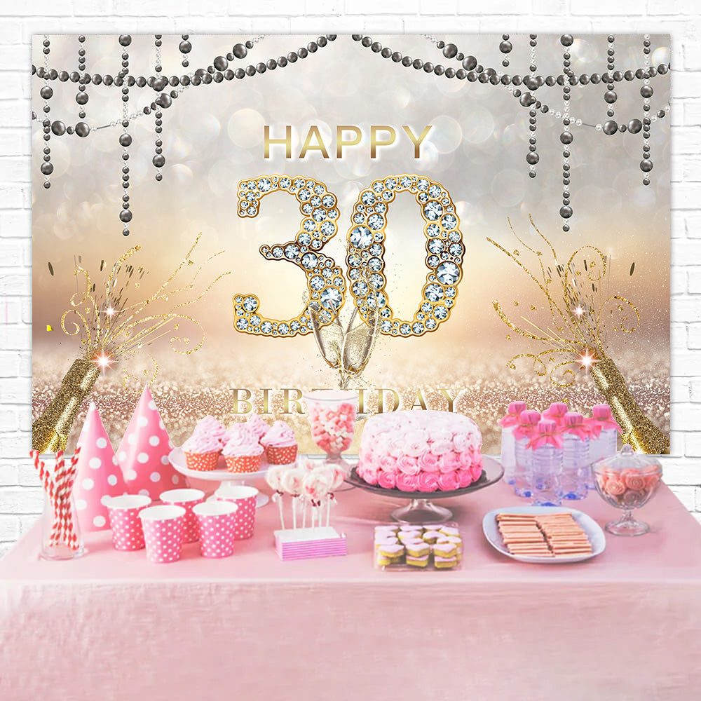 Toile de fond Anniversaire Personnalisable 30 Ans Champagne Diamant et Paillettes RR1-30